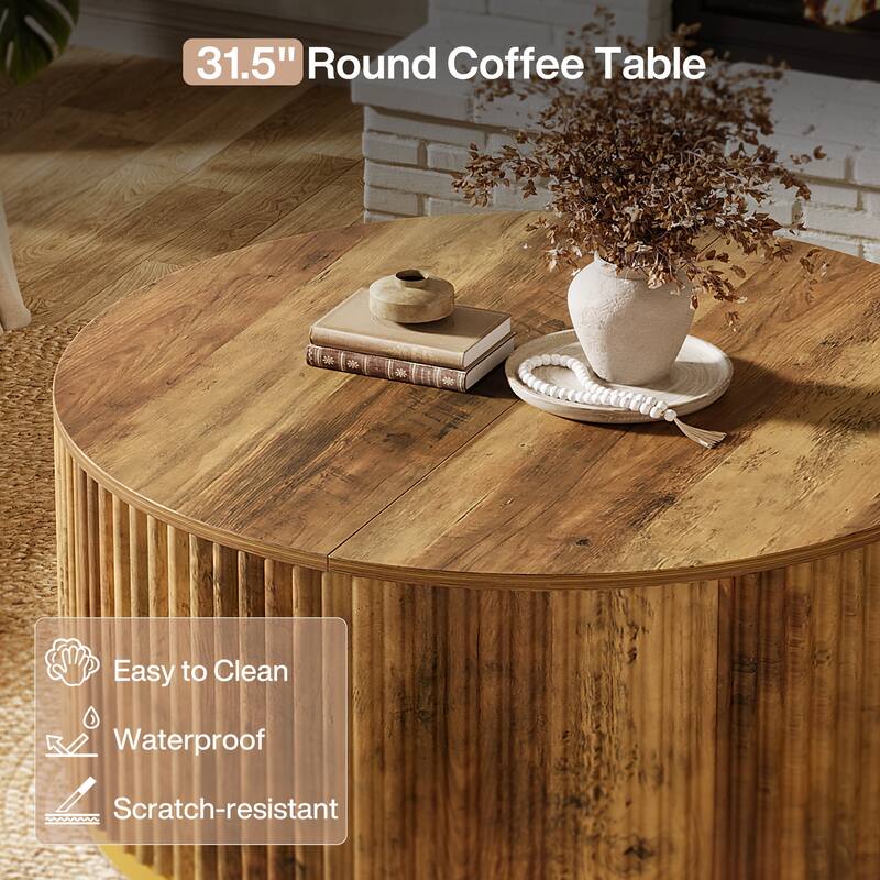 Round Coffee Table with Sturdy Base, 31.5" Fluted Wooden Center Table