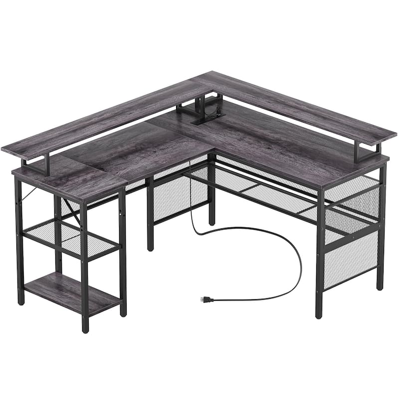 L Shape Computer Desk Reversible Gaming Desk with Charge Station and LED Light