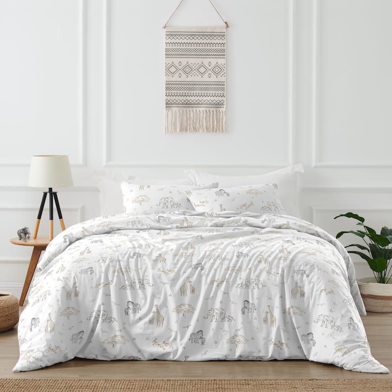 Jungle Safari Animal Full/Queen Comforter Set Taupe Black and White Gender Neutral Elephant Giraffe Wildlife Adventure Serengeti