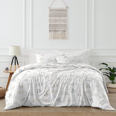 Jungle Safari Animal Full/Queen Comforter Set Taupe Black and White Gender Neutral Elephant Giraffe Wildlife Adventure Serengeti