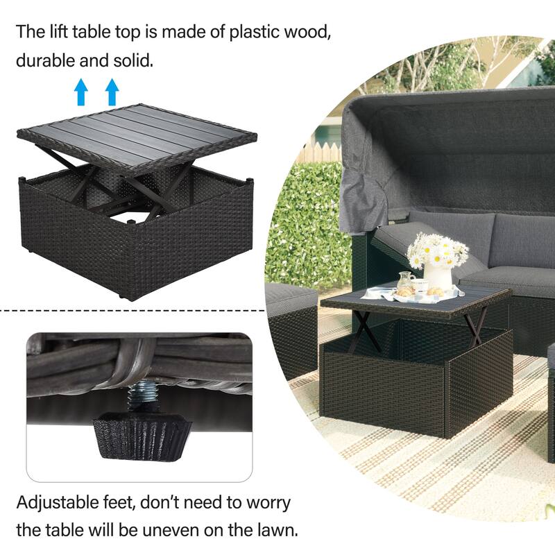 U-Style Outdoor Patio Rectangle Daybed with Retractable Canopy, Wicker Furniture Sectional Seating for Backyard, Porch