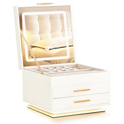 FCH with Tri-color Mirror Light 2 Drawers Bottom with Ambient Monochrome Strip White Cabinet Pink Velvet Jewelry Box