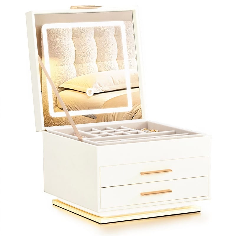 FCH with Tri-color Mirror Light 2 Drawers Bottom with Ambient Monochrome Strip White Cabinet Pink Velvet Jewelry Box