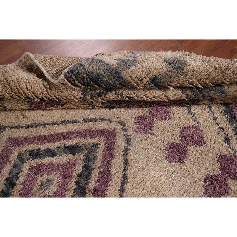 Geometric Plush Moroccan Area Rug Handmade Beige Wool Carpet - 6'9" x 10'4"
