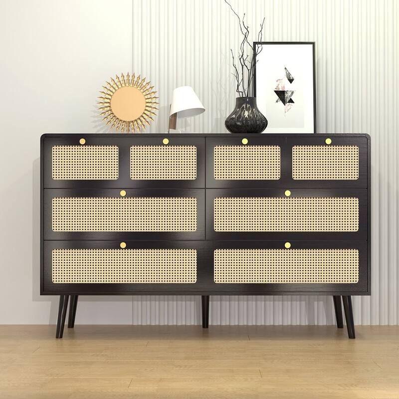 Modern Rattan Dressing Counter with Metal Handle Drawers