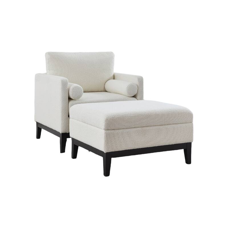 35" Farmhouse Style Boucle Single Sofa Accent Chair with Storage Footstool, Natural Wood Legs for Living Room, Office