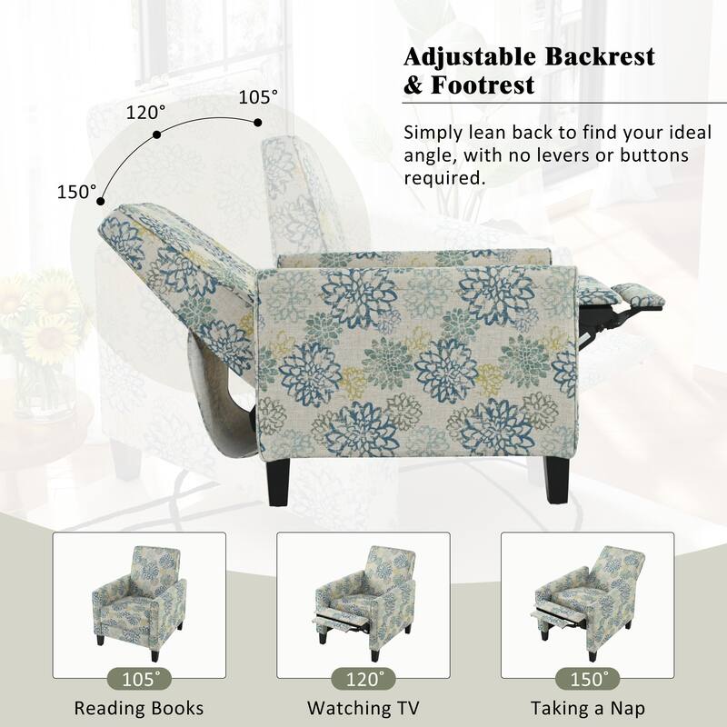 27.5" Printed Recliner Chair with Adjustable Backrest, Push-Back Recliner， Upholstered Armchair with Wood Legs for Living Room