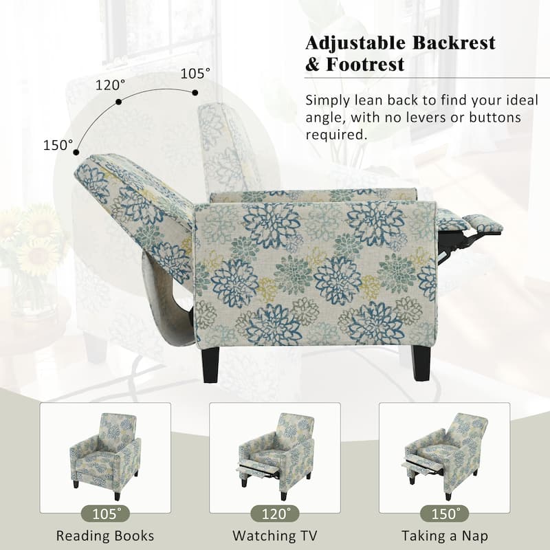 Roomfitters Push Back Recliner Armchair with Beech Wood Legs, Printed Fabric Accent Chair