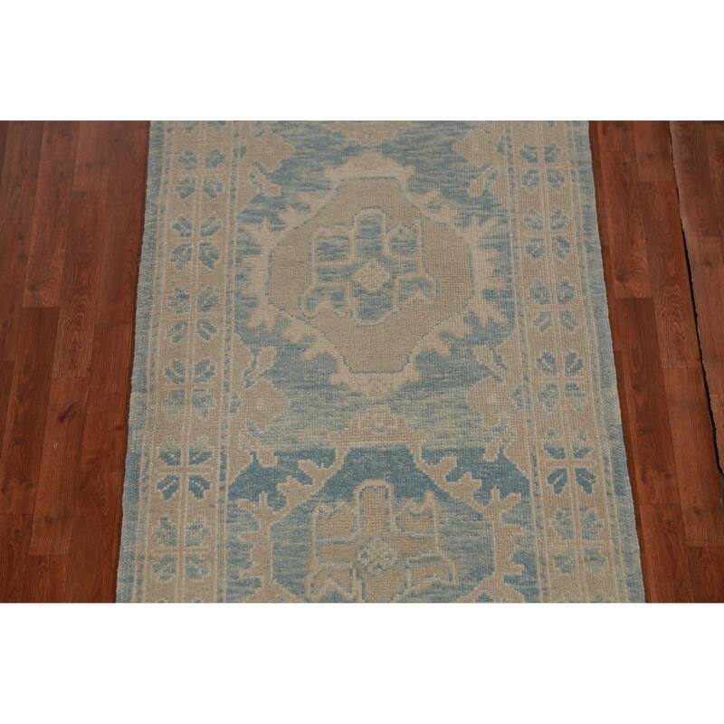 Hand Knotted Oriental 100% Wool Carpet Transitional Geometric Navy Blue & Blues Oushak Runner Rug - 13' 1'' X 3' 6''