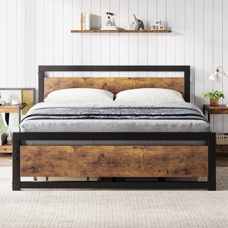 GIMMYFIVE Brown Bed Frame with Wooden Headboard and Footboard