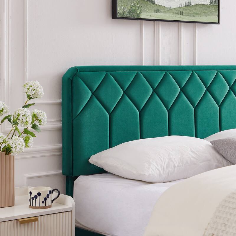 VECELO Upholstered Bed Frame with Adjustable Height Headboard, Twin/Full/Queen Size Beds, Dark Green