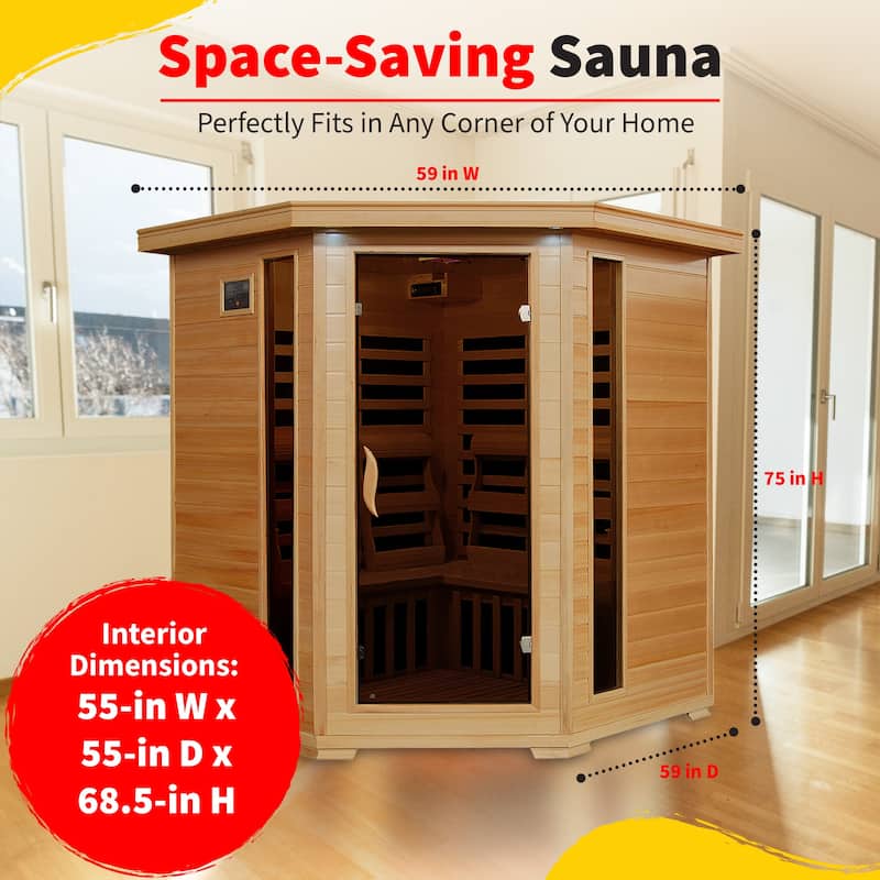 HeatWave Tucson 4-Person Hemlock Corner Infrared Sauna with 10 Carbon Heaters