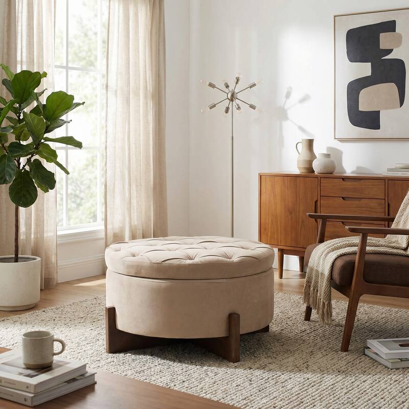 Christopher Knight Home - Mollet Mid-Century 32.28" Upholstered Tufted Round Hidden Storage Ottoman with Reversible Wood Lid