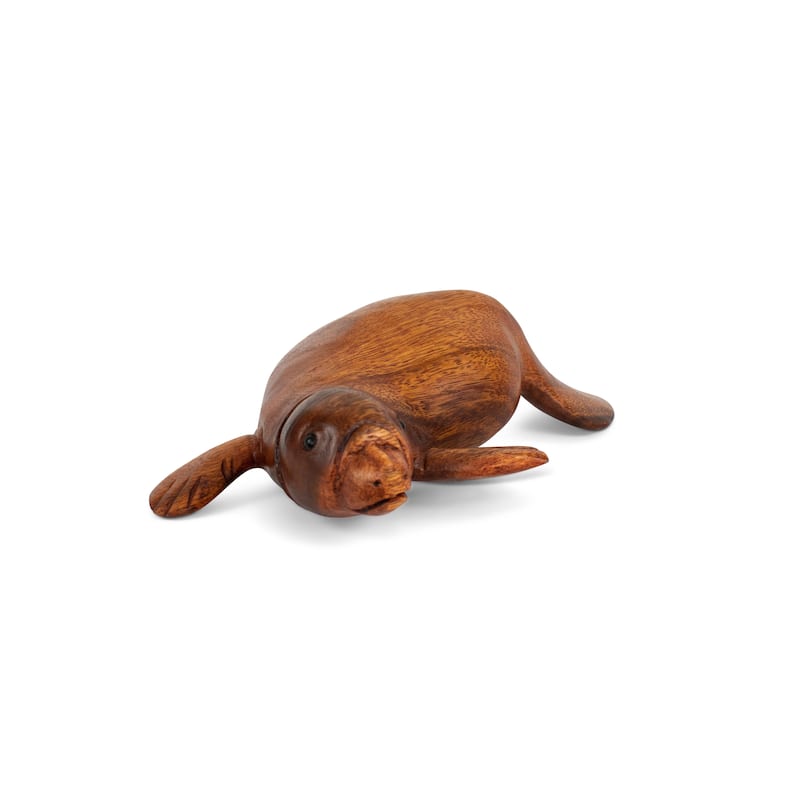 Hand Carved Sea Lion Figurine, Wood Sculpture Coastal Decor, Sitting Seal Statue