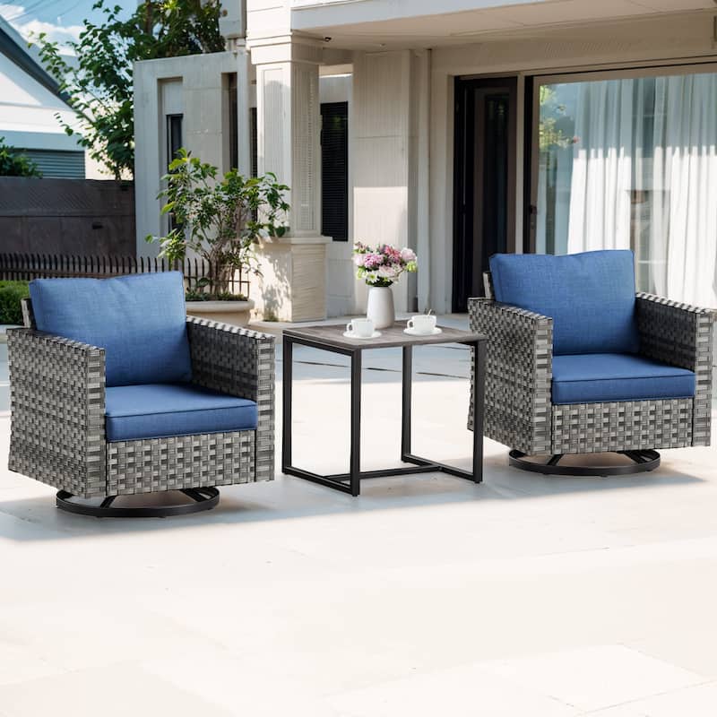 Gymojoy 3-piece Outdoor Wicker Swivel Glider Chairs with Coffee Table - 3-Piece - Blue