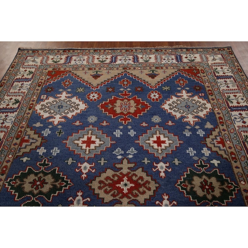 Blue Geometric Kazak Oriental Area Rug Handmade Wool Carpet - 8'0" x 9'11"