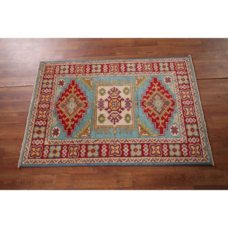 Geometric Blue Kazak Oriental Accent Rug Hand-Knotted Wool Carpet - 2'8" x 3'10"