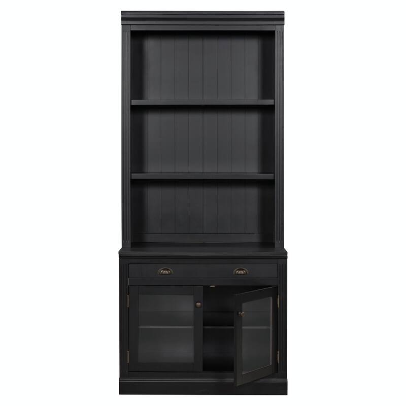 83.4" Tall Bookshelf, Modern Bookcase with 2 Glass Doors, 1 Drawer & Open Shelves