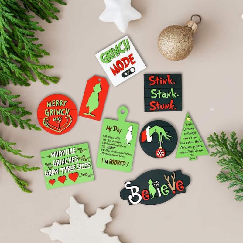 9PCS Christmas Tiered Tray Decor Wooden Signs Table Decorations