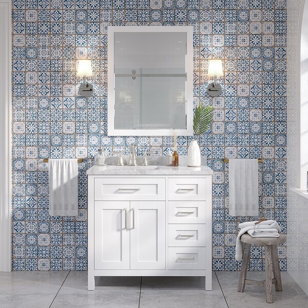 Tahoe 36 Vanity in White with White Carrera Top and Mirror. Opens flyout.