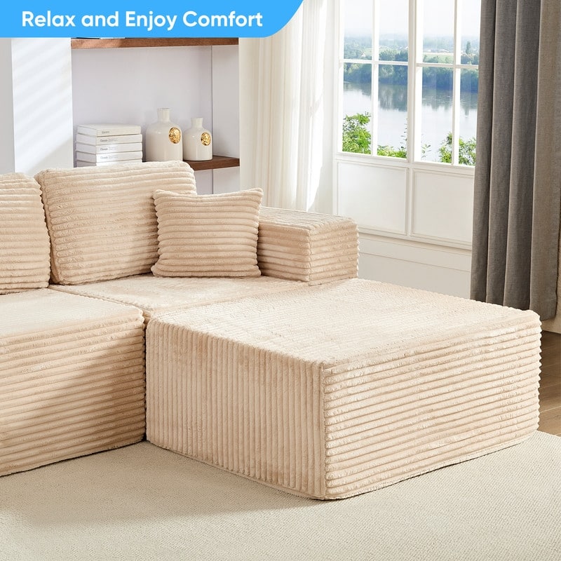 Corduroy 141'' Deep Seat Modular Sectional Sofa, Modern 8-Seater U-Shape Sofa Couch with Moveable Ottoman