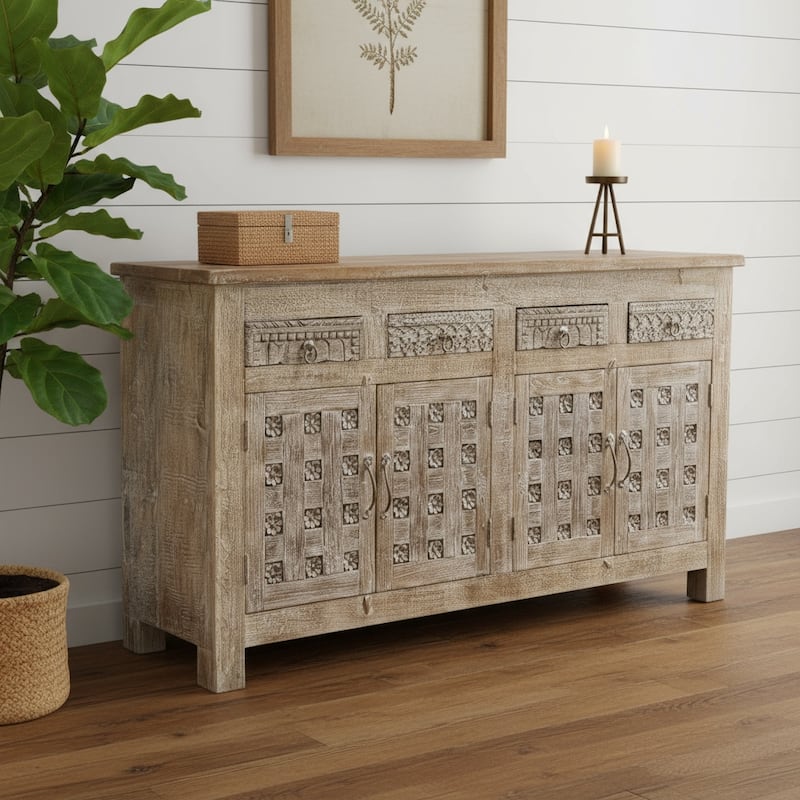HomeRoots 74" Brown Distressed Solid Wood Carved Floral Four Drawer Sideboard with Four Doors - 73.50 in. x 37.50 in.  x 16.50 in.