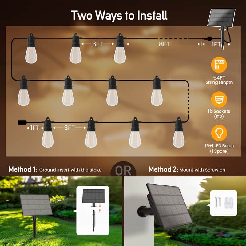 54FT Solar String Lights Outdoor Waterproof 16 LED Bulbs