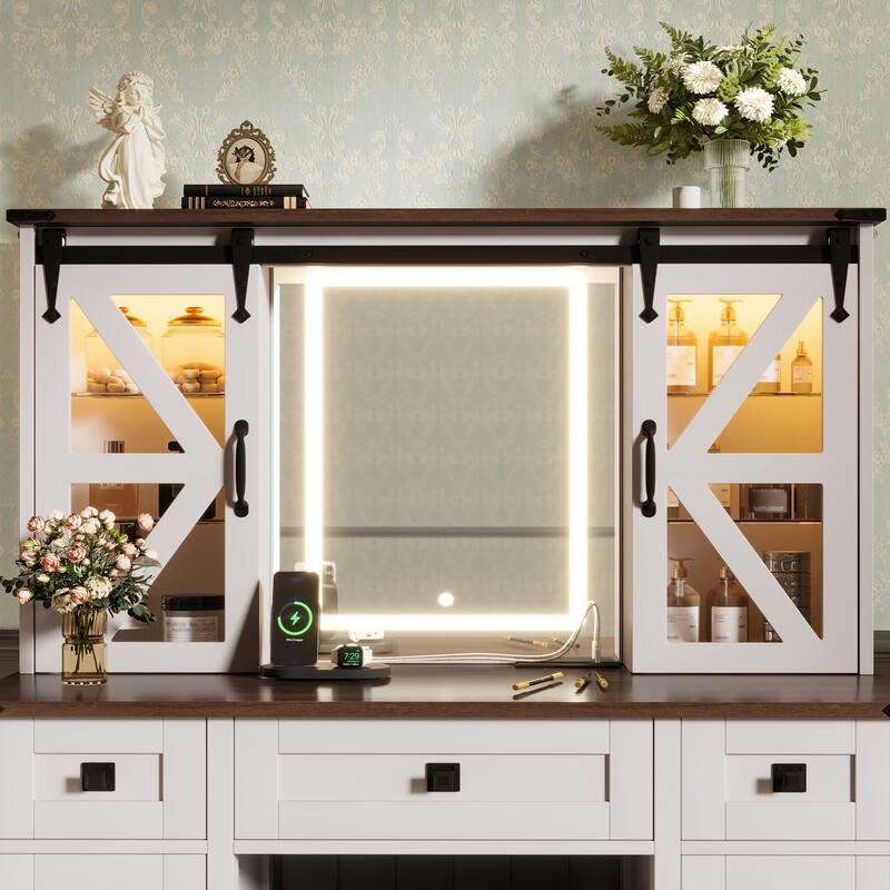 Vanity Desk with Lighted Mirror, Storage Stool & Charging Station, Dressing Table with Hidden Shelves, 3 Drawers & 4 Cabinets