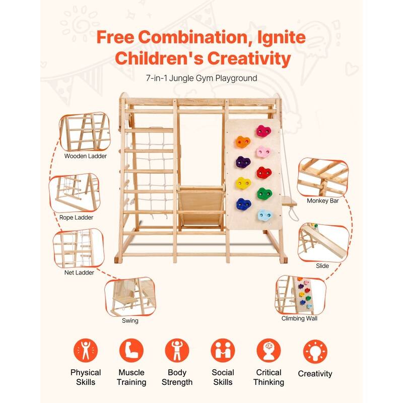 7-in-1 Kids Climbing Gym Indoor Playset, Wooden Slide Swing Monkey Bars Rope and Net Ladder - 43 x 47.2 x 47 inch