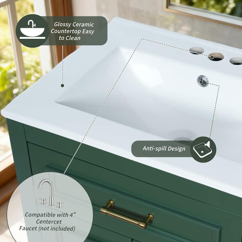 24" Freestanding Bathroom Vanity with White Integrated Ceramic Sink - 24'' x 18.5'' x 33''