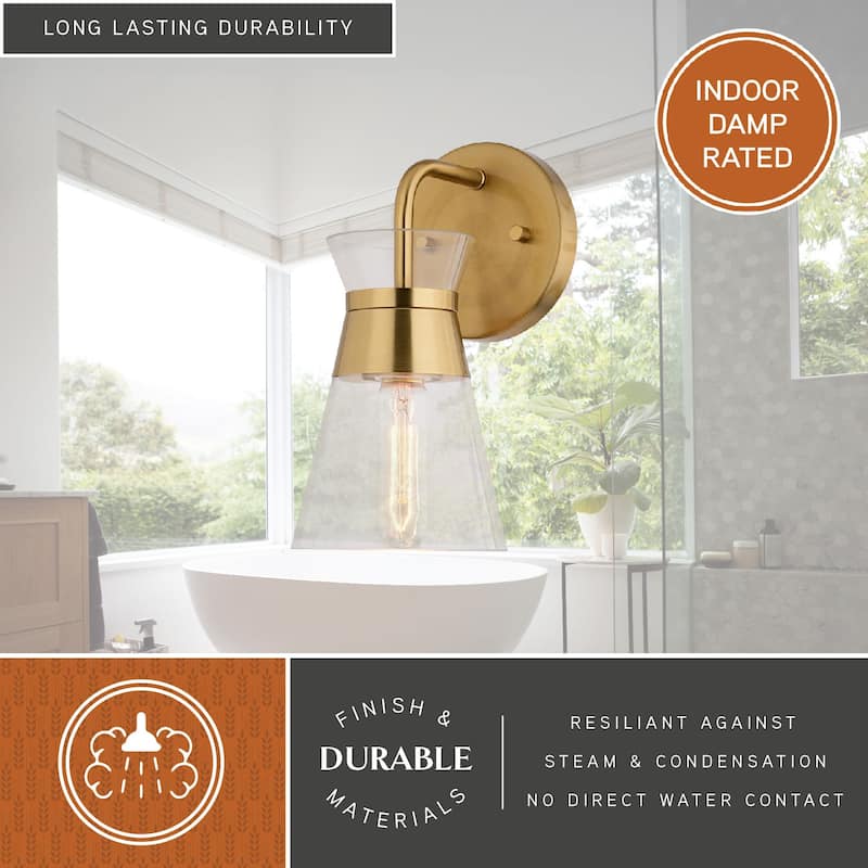 Harper Gold Brass Mid-Century Modern Bathroom Vanity Light Fixture Clear Glass