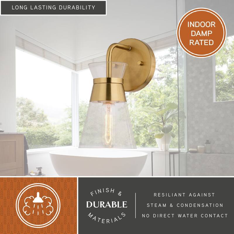 VAXCEL Harper Natural Brass Gold Mid-Century Modern Bathroom Vanity Lighting Fixture, Clear Glass Shade, Wall Sconce