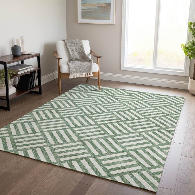 Machine Washable Indoor/ Outdoor Chantille Contemporary Geo Rug - Green - 5' x 7'6"