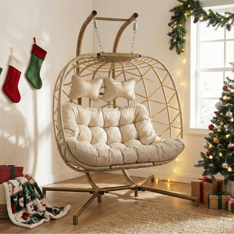 Oversized Outdoor Double Swing Egg Chair, 700 lbs Capacity 2-Person Hanging Egg Chair Swing with Cushion - Beige