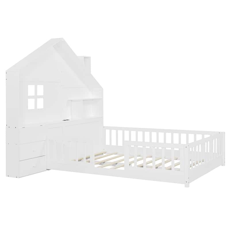Roomfitters Twin/Full Size House Bed with Shelves, USB Port, Window Design and Side Compartments, White