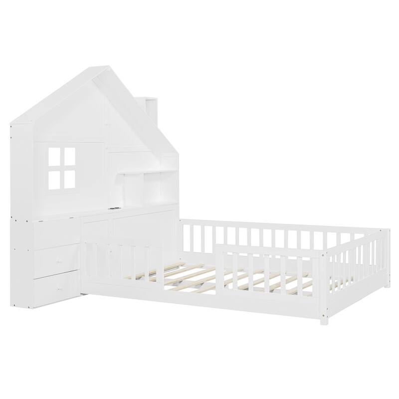 Wooden Floor Platform Bed with House Shape Storage Wingback Headboard, House Bed with USB, Window and Bedside Drawers