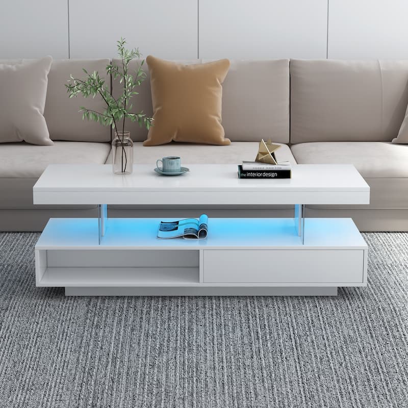 Roomfitters Modern Coffee Table with Storage Shelf and Display Space, Center Table with Lighting Effect
