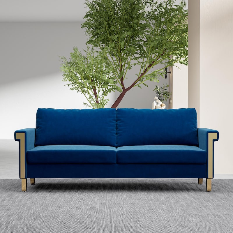 Stylish 76.34" Velvet Sofa with Gold Metal Accents - Mid-Century Modern 2-Seat Couch for Small Living Spaces.
