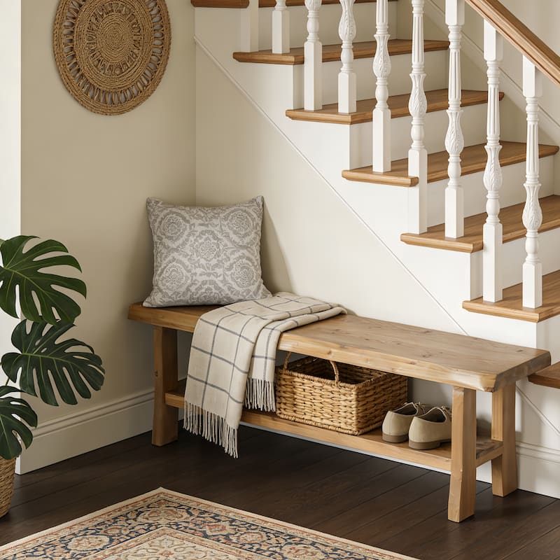 55" Solid Wood Entryway Bench with Storage Shelf