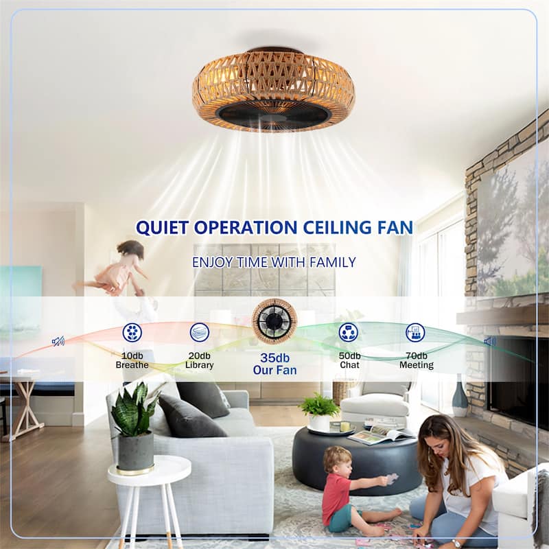 20" Vintage Rope Ceiling Fan Light w/ Remote Control 6 Speed Adjustable Airflow, NOT Included Bulbs