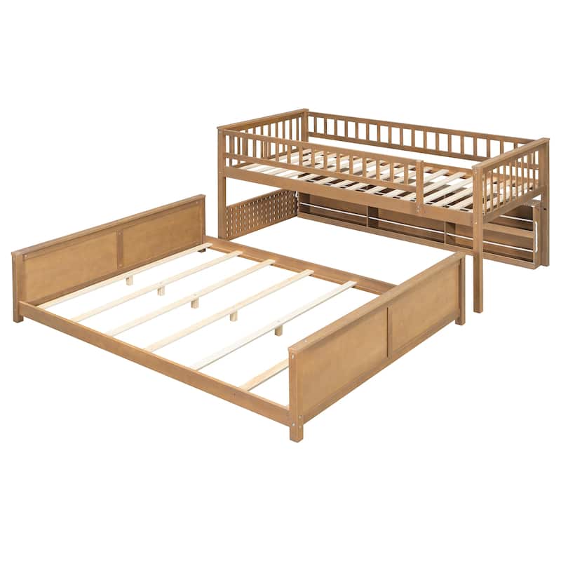 Kids Bunk Bed Frame with Integrated Shelving, Light Strip and Pegboard, Convertible into Floor Platform Bed and Low Loft Bed