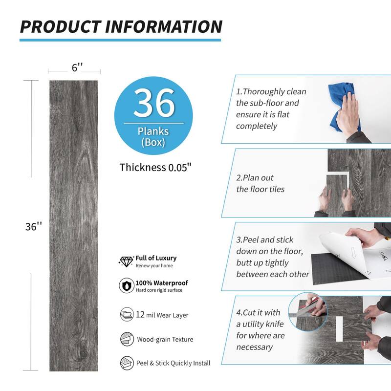 Art3d 36-Pack Peel and Stick Vinyl Floor Tiles Wood Look Planks,54sq.ft