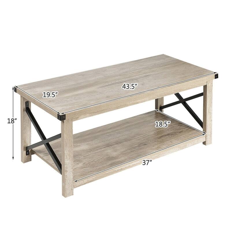 Rustic Accent Coffee Table Metal X Shaped Side Cocktail Table with Storage Shelf - 43.5" x 19.5" x 18"(LXWXH)