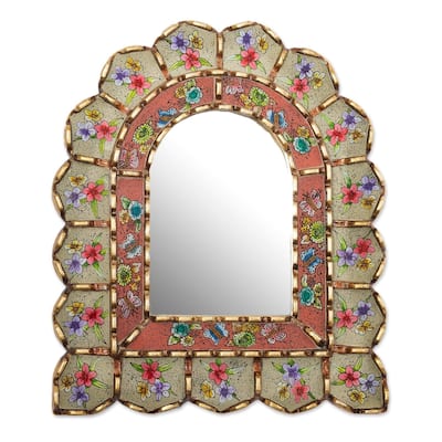 NOVICA Sweet Arrangement Bronze Gilded Reverse-Painted Glass Wall Mirror