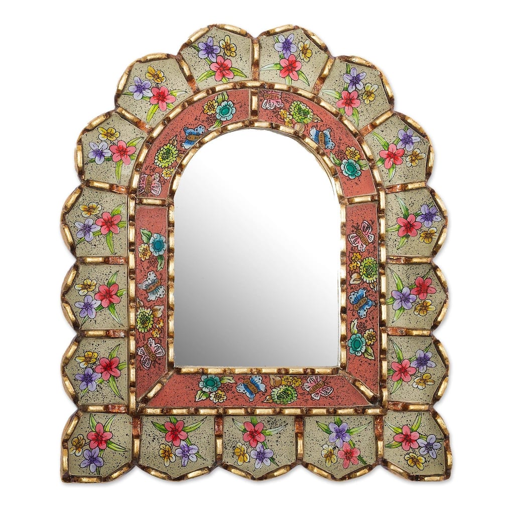 NOVICA Sweet Arrangement Bronze Gilded Reverse-Painted Glass Wall Mirror