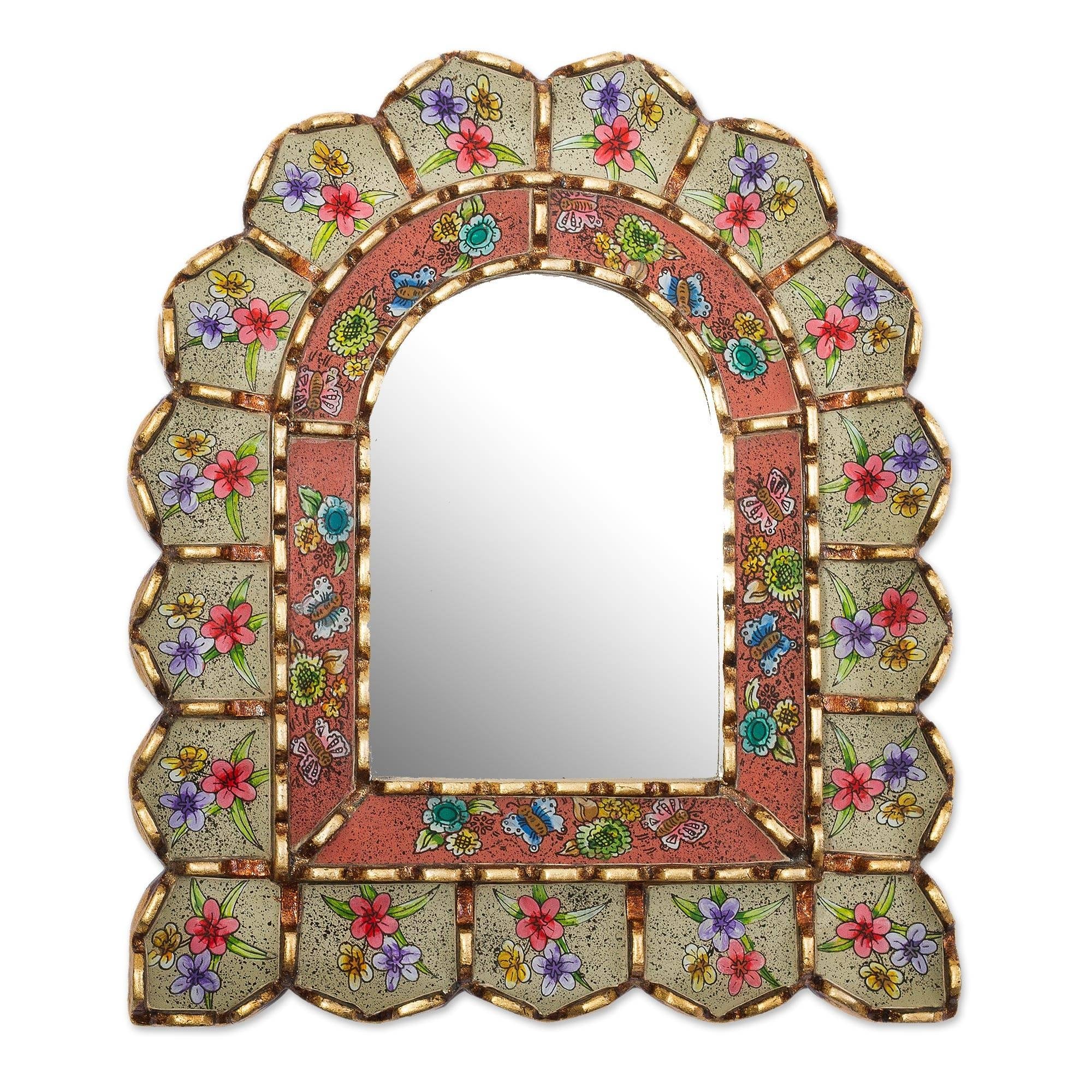 NOVICA Sweet Arrangement Bronze Gilded Reverse-Painted Glass Wall Mirror