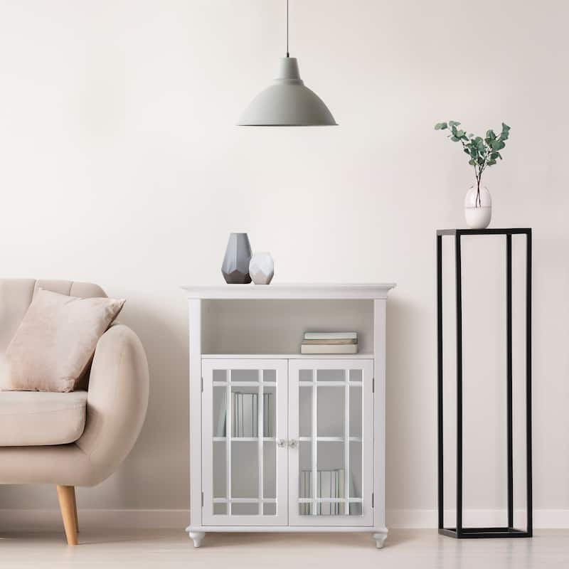 Teamson Home Neal Wooden Freestanding Two-Door Floor Cabinet with Glass Paneled Doors and Open Fixed Shelf
