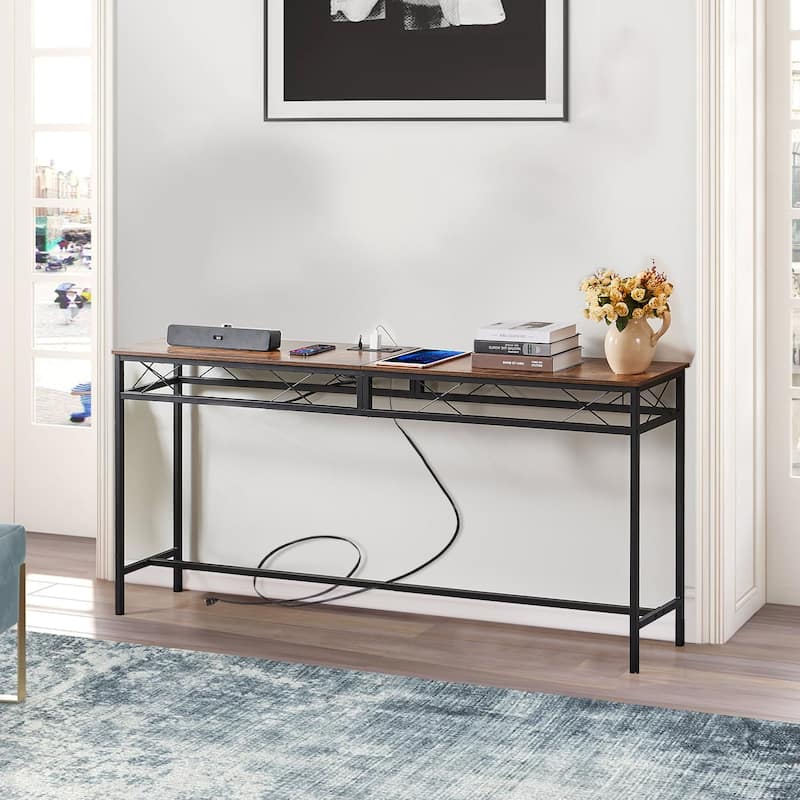 VECELO Industrial Rectangular Console Table with AC Power and USB Charging Ports Multi-Purpose Metal Console Table for Entryway