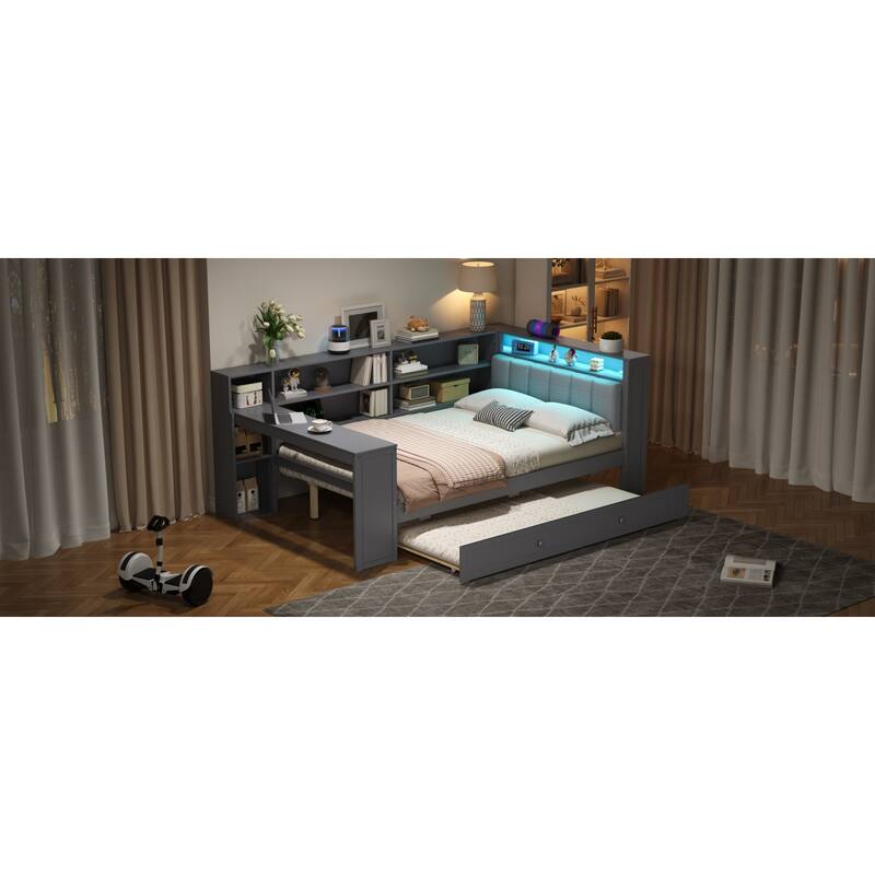 Roomfitters Twin/Full Platform Bed with Trundle, LED Headboard, Charging Station and Storage