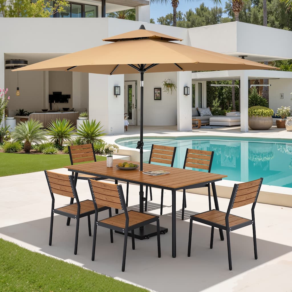 9PC Outdoor Patio Dining Set Wood-Like Aluminum Table with Stackable Chairs,Double Top Market Umbrella and Wheel Base
